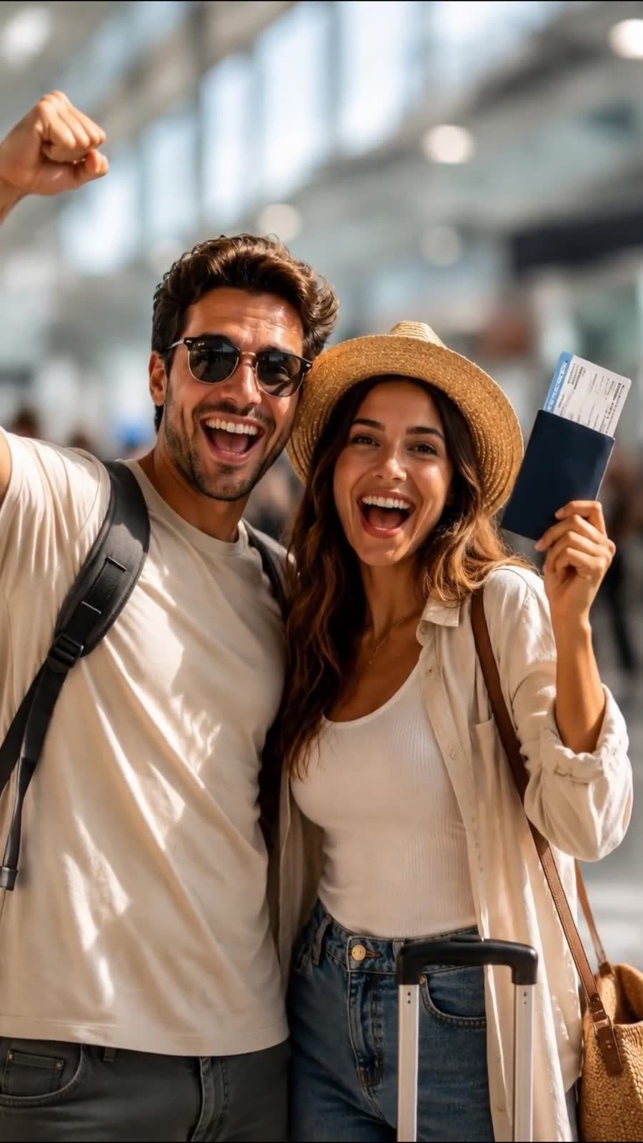 Excited couple with boarding passes at the airport