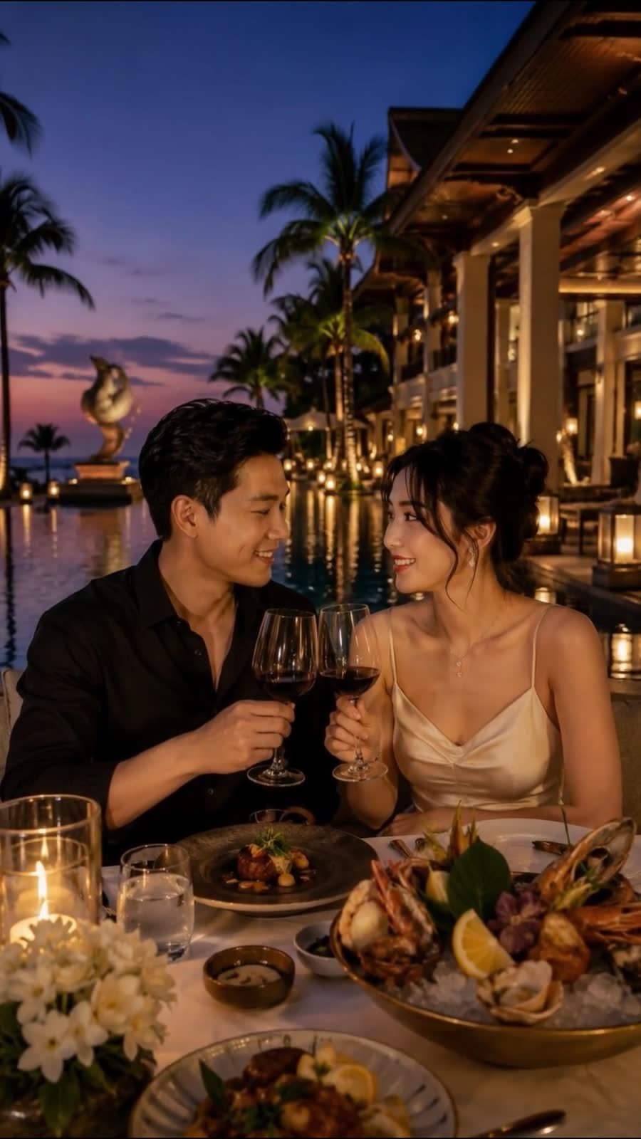 Couple toasting at a candlelit seaside dinner