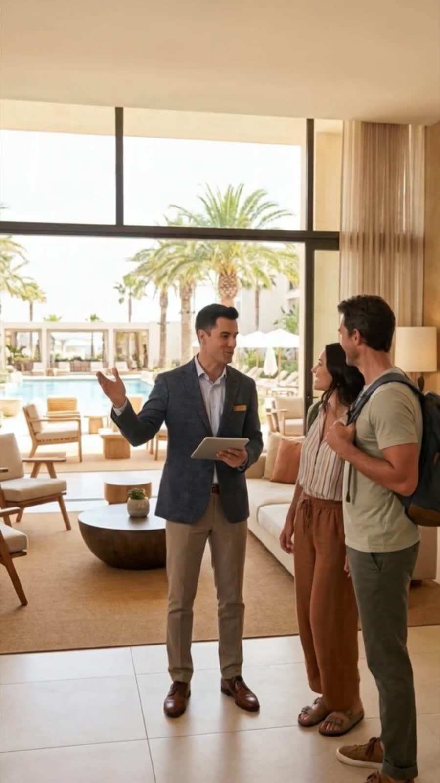 Resort host welcoming guests in the lobby