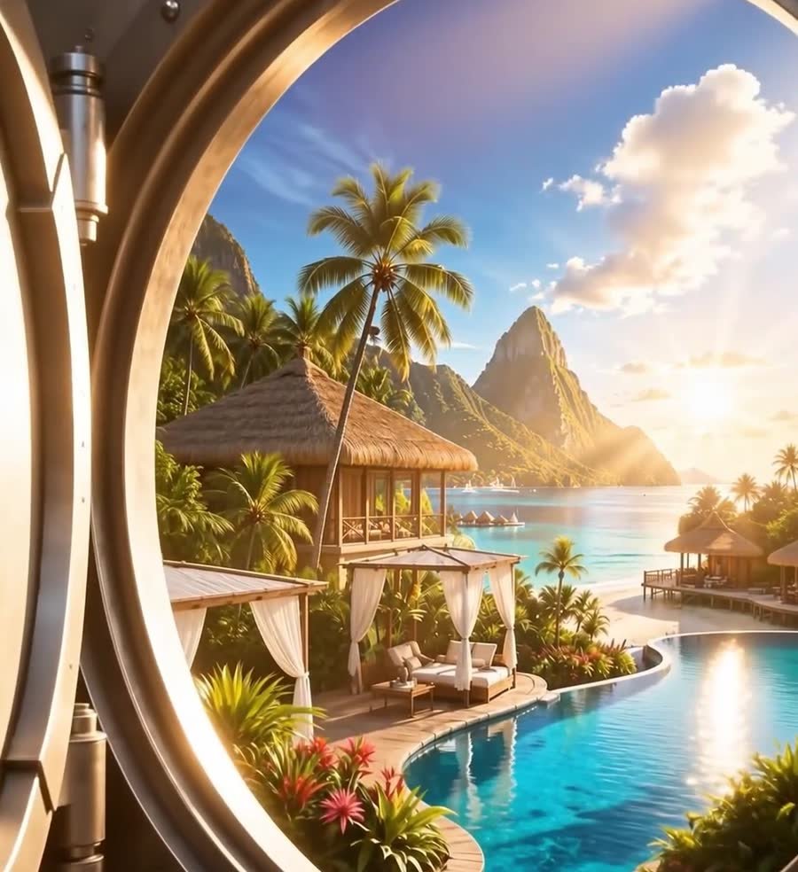 Tropical villa and pool seen through an open vault door